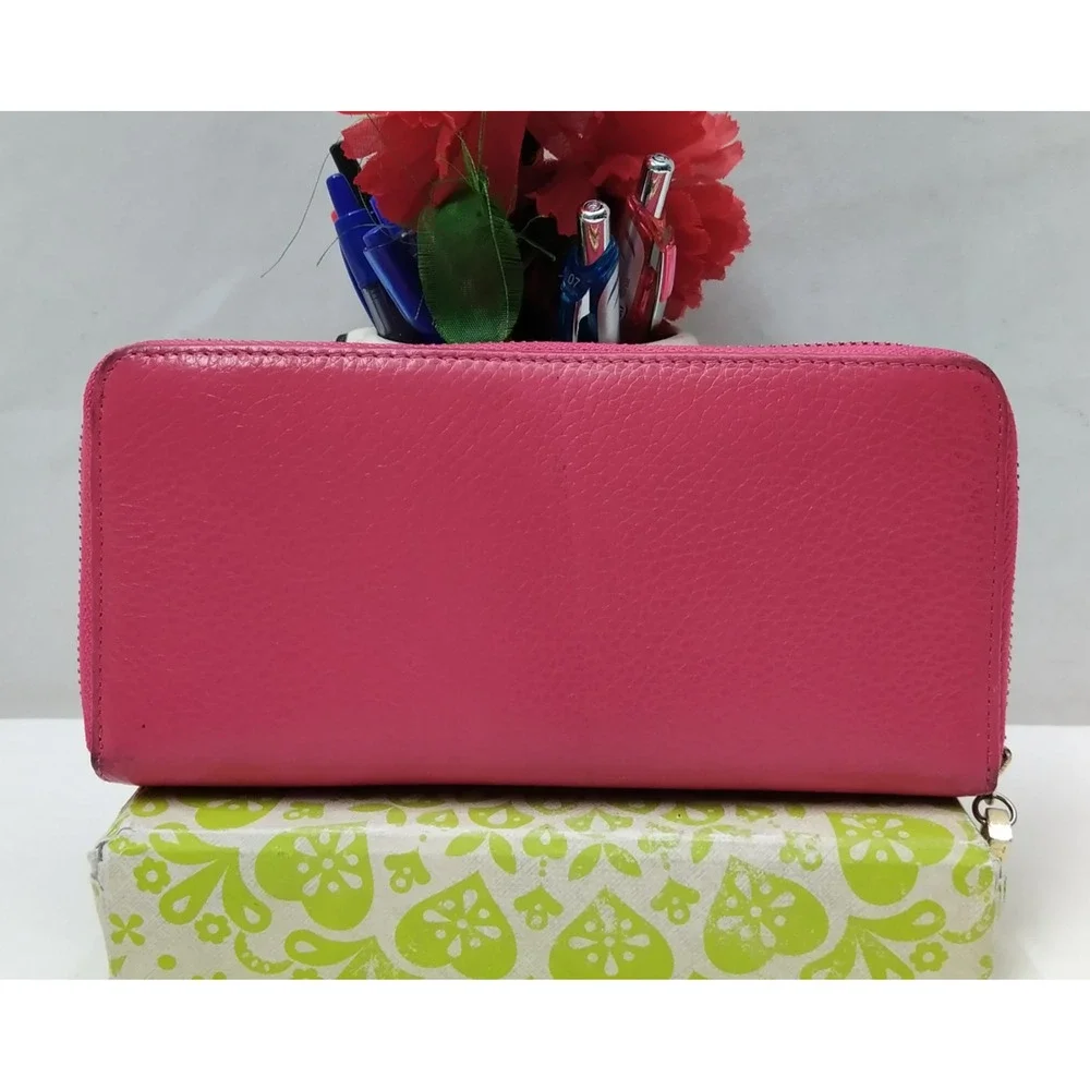 Tory Burch Pink Pebbled Leather Zip Around Credit Card Wallet